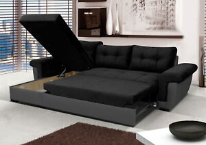 NEW Corner Sofa Bed with Storage, Black Fabric + Grey Leather. Very COMFORTABLE!
