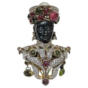 Vintage Nubian Prince Multi Gem Diamante Designer Gilt 925 Silver Brooch Pin - Picture 1 of 4
