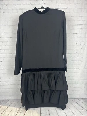Nina Ricci Paris Wool Dress Black Drop Waisted Vintage 80s size F 42 US 10 - Image 1 of 4