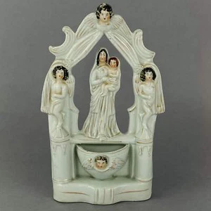 Antique Staffordshire Flat Back Pottery Holy Water Font Stoup 19thc Mary & Jesus - Picture 1 of 15