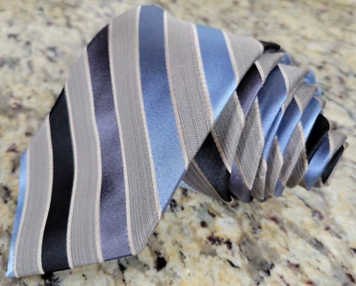 Corbata clásica de negocios Van Heusen para hombre azul gris negro a rayas 100 % seda Foto 1 de 4