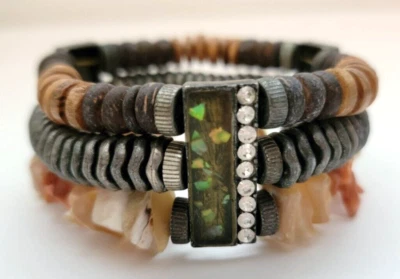 Mother of Pearl 鲍鱼壳混合材料 3股弹力手链 6.5 — 第 1/4 张图片