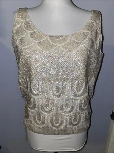Vintage Beaded Sequin Sexy White Top Size Medium - Picture 1 of 10