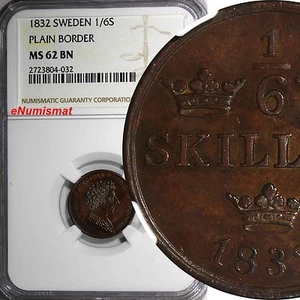 SWEDEN Carl XIV Johan 1832 1/6 Skilling NGC MS62 BN PLAIN BORDER KM# 634 (032) - Picture 1 of 4