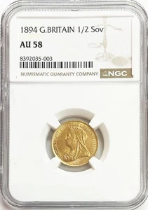 1894 GOLD GREAT BRITAIN 1/2 SOVEREIGN MATURE BUST VICTORIA COIN NGC AU 58 - Picture 1 of 2