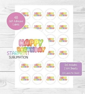 48 HAPPY BIRTHDAY Labels, Round Envelope Seals Party Bag/Present Stickers - Bild 1 von 1