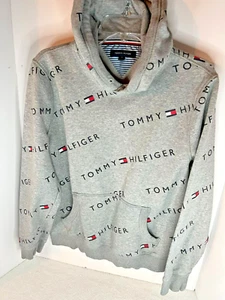 Tommy Hilfiger Gray Multiple Logo Pullover Hoodie Sweatshirt Medium - Picture 1 of 15