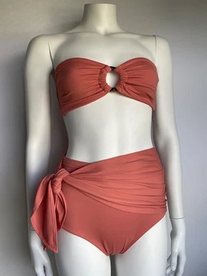 Palm Bikini Size 2 UK M Coral Bandeau Tie Closure Top High Waisted Bottoms Tie - Image 1 of 4