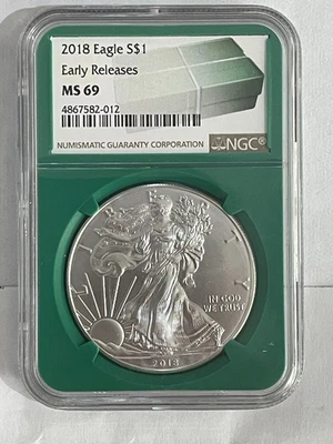 2018 $1 American Silver Eagle NGC MS69 Early Releases Green Holder - Image 1 of 2