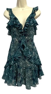 For Love & Lemons Dress Womens Small Green Floral Ruffle Tiered Mini Open Back - Image 1 of 4
