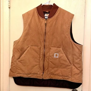 Vintage 90s Carhartt Vest Tan Duck Canvas Quilt-Lined Work Size 2XL USA - Picture 1 of 5