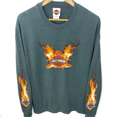 Vintage Y2K Harley Davidson Motorcycles Gray Long Sleeve Flames T Shirt Size XL - Image 1 of 4