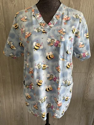 Peaches Uniform Women Size S Blue Bumblebee Scrub Top - Image 1 of 4
