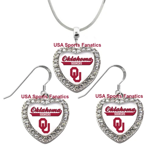 Oklahoma Sooners 925 Necklace or Earrings or Set Team Heart With Rhinestones Cover