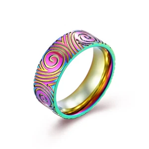 Mens Spiral Vortex Titanium Steel Ring Fingerprin Punk Statement Band Jewelry - Picture 1 of 14