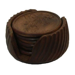 6 Dessous de verre ronds finement sculptés Bois de shisham Support de rangement  - Imagen 1 de 1