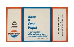 Vintage 1950er Jahre Karps Apotheke PEPSI COLA kostenloser Brunnen Getränk Rezept Wartegutschein - Bild 1 von 12