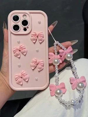 STYLE EXRPESS 3D Bow Pink Phone Case with Pearl Charm for iPhone 17 16 15 14 13 12 11 Pro Max