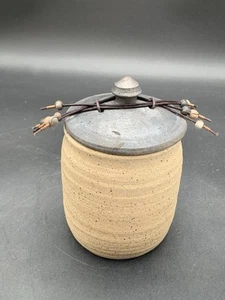 Hand Thrown Raku & Bamboo Jar With Handle 6 1/4”T X 3 1/2”R - Picture 1 of 12