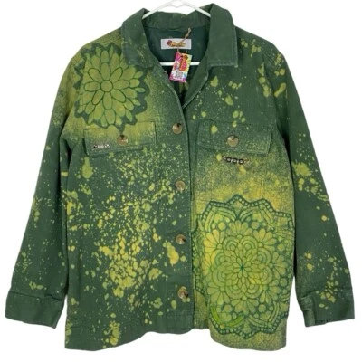 Handmade Upcycled Denim Jacket Womens Large Army Green Mandala Floral Stencil - Image 1 of 4