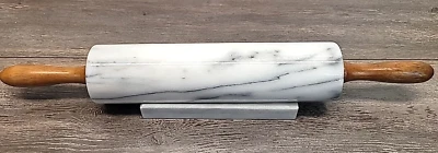 Marble Rolling Pin With Marble Base + Wood Handles Non Stick White + Gray Vtg - Image 1 of 4