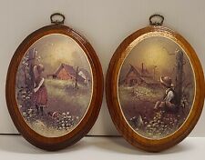 Vintage Art by Andres Orpinas Wall Decor Girl Boy Barn Oval 6 1/4 X 8" Set of 2