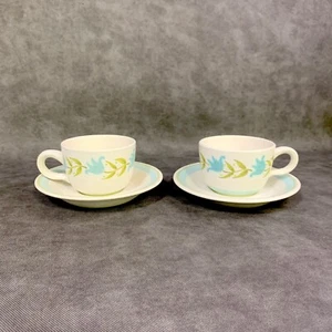 Set 2 VTG Franciscan Tulip Time Blue Green Flower Coffee Mug Tea Cup & Saucers - Picture 1 of 9
