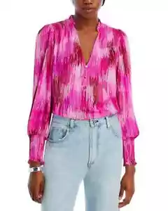 AQUA Printed V-Neck Top Women's M Pink Multi Smocked Ruffle Long Sleeve Pullover - Picture 1 of 16