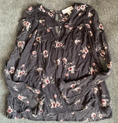 Full Tilt Top Womens Small Black Floral Pink Mauve Rayon Long Sleeve - Image 1 of 4