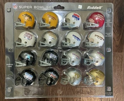 Conjunto de mini capacetes NFL Super Bowl série um lacrado Riddell #1-16 tamanho de bolso - Imagem 1 de 4