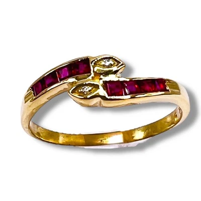 Solid 18k Yellow Gold Red Ruby Diamond Band Ring Size 5.5 - Image 1 of 4