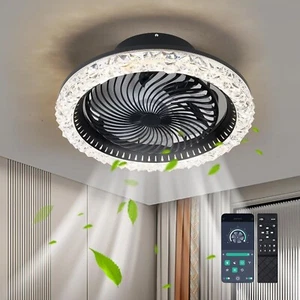 Modern Flush Mount Dimmable Ceiling Fan With LED Light Black - Picture 1 of 9