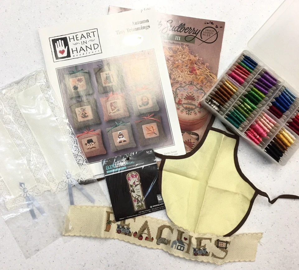 DMC Floss Sudberry Cross Stitch Mixed Lot Embroidery Bookmark Kit Pattern Apron - Image 1 of 4