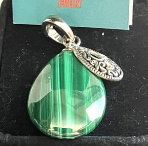 Southwest Sterling Silver Natural Malachite Green Cabochon Oval Drop Pendant - Picture 1 of 4
