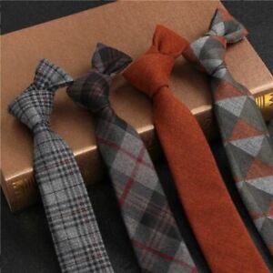 1 Pc Men Cotton 2.4'' Skinny Plaid Solid Cashmere Tie Wool Neck Tie For Youth Wo