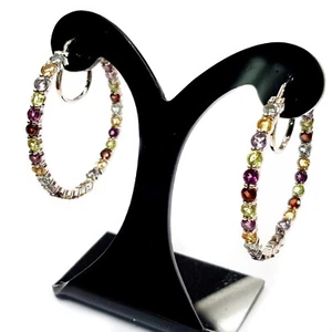 Mehers Jewelry1.50" Semi Precious Multi Color Gemstone 925 Silver Hoop Earring - Picture 1 of 2