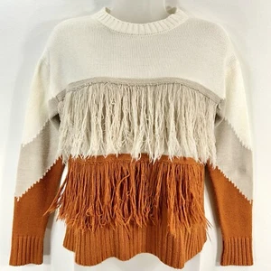 Cato Est 1946 Sweater Women XS Cream Tan Orange Boho Southwest Fringe Tiered - Picture 1 of 8