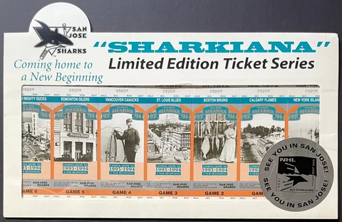 1993-94 San Jose Shark Limited Edition Ticket Series x7 + Original Envelope NHL Cover