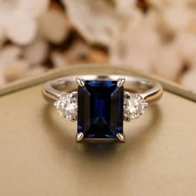 2.50Ct Blue Sapphire Emerald Cut CZ Engagement Ring Solid 925 Sterling Silver - Image 1 of 4
