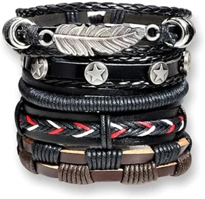 Black Adjustable Feather Cuff 5ps Braided Leather Bracelet Set For Men Women - Picture 1 of 3