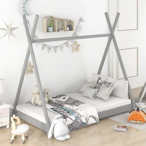 Twin Size Pine Wood House Bed with X-Shaped Frame Canopy Tent Bed for Kids, Gray - Picture 1 of 12