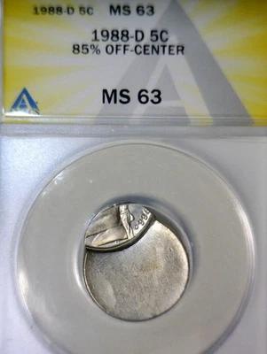 1988d ERROR ANACS MS63 OFF CENTER Jefferson Nickel NICE CH BU EARLY O/C Coin  NR - Image 1 of 4