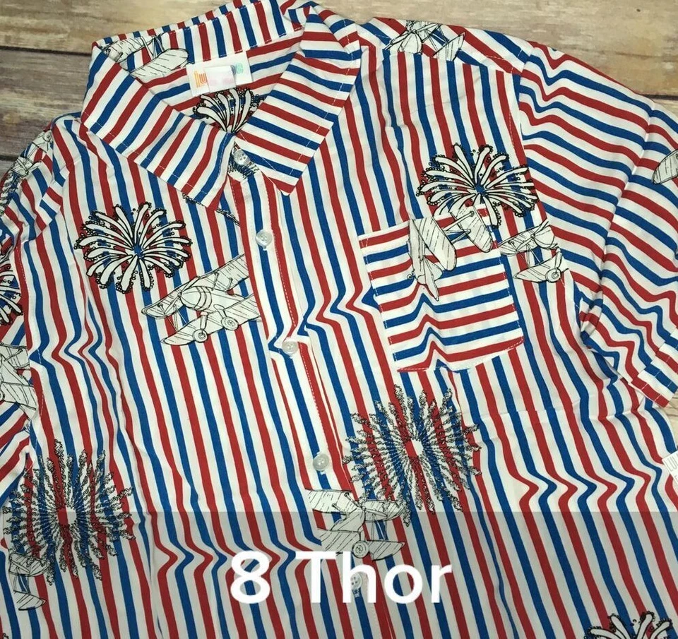 LuLaRoe Thor Boys Size 8 Button Up Shirt 4th of July Planes Fireworks NWT - Image 1 of 1