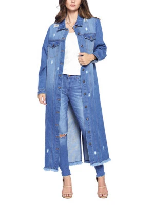 Chaqueta de jean larga de gran tamaño con botones de algodón envejecido clásica para mujer Foto 1 de 2