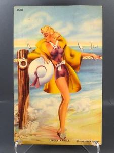 VTG CURTEICH LINEN POSTCARD Bathing Beauties ALMOST NUDE LADY Swim Suit LINGER - Bild 1 von 12