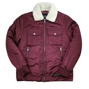 GUESS Jacket Mens Sz M Faux Fur Collar Burgundy Bomber - Picture 1 of 3