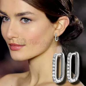 Pure Solid 925 Sterling Silver Rectangular Oval Hoops Cubic Zircon Stud Earrings - Picture 1 of 7