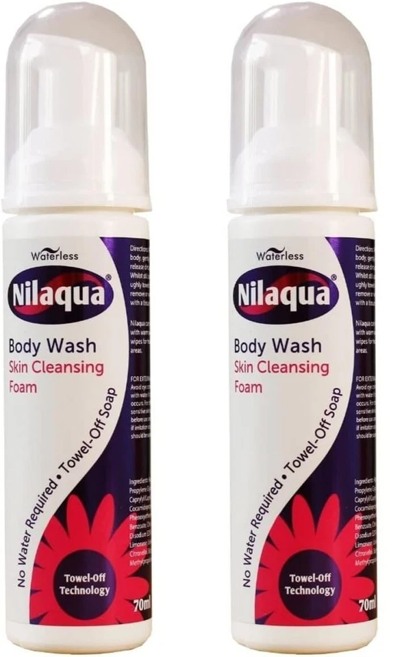 WATERLESS Nilaqua Body Wash Skin Cleansing Foam 70MLx2 Pack No Water No Rinsing Towel Off
