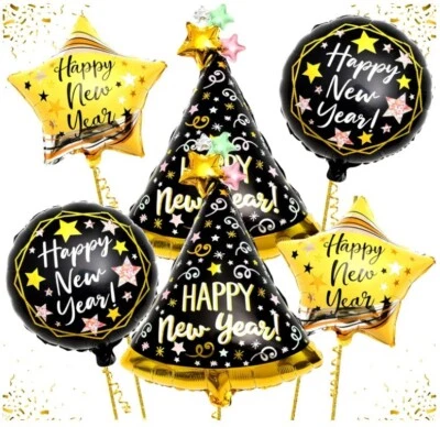 New Year's Eve Balloons (6pcs) Party Hat Gold Stars 2024 Helium Decoration - image 1 of 4