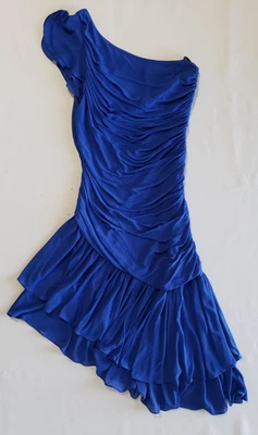 Vtg NEW LEAF by SAMIR BlUE One-Shoulder Ruched Asymmetrical Disco Dress Sz 9/10 - Image 1 of 4